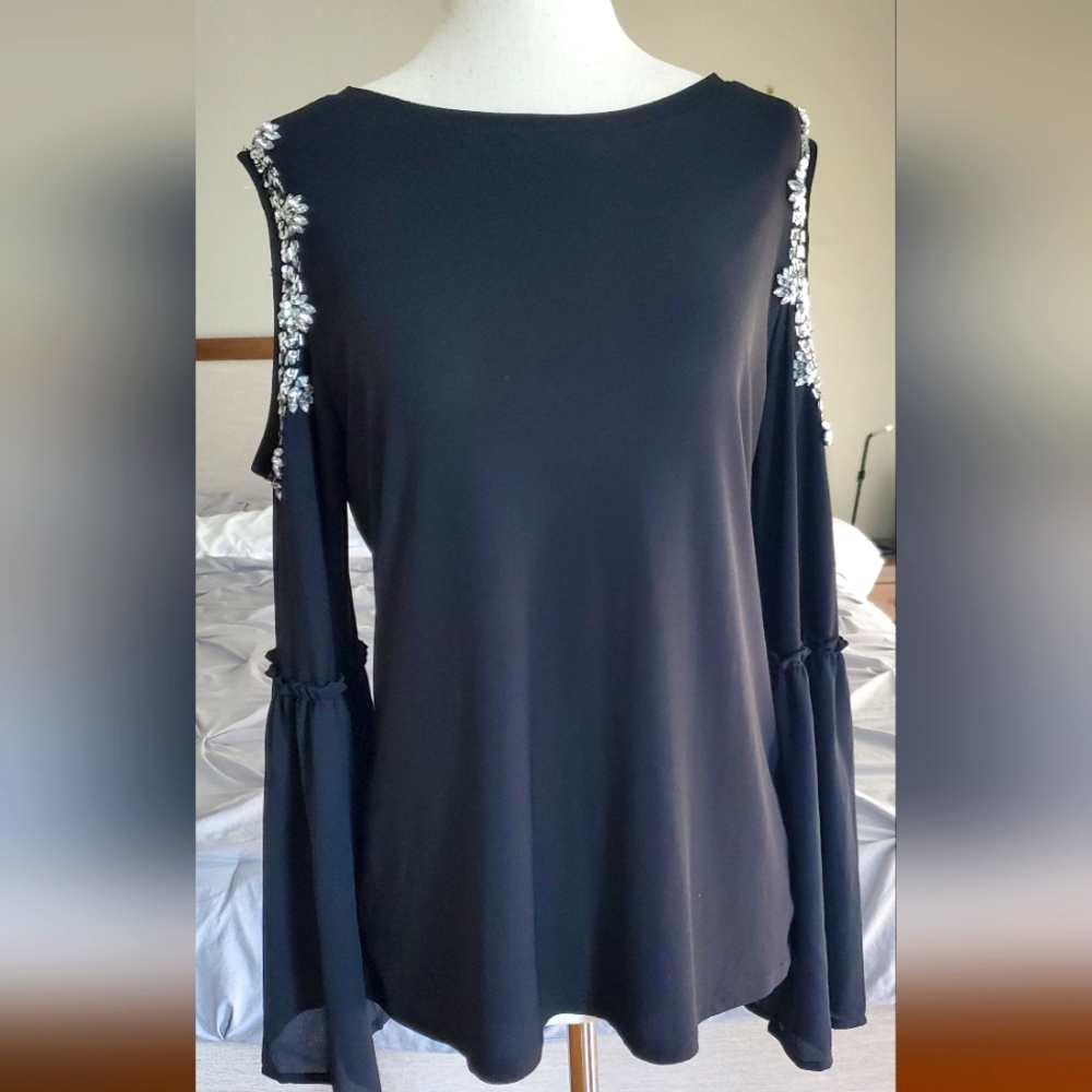 INC Jewel Studded Cold Shoulder Blouse EUC Size M